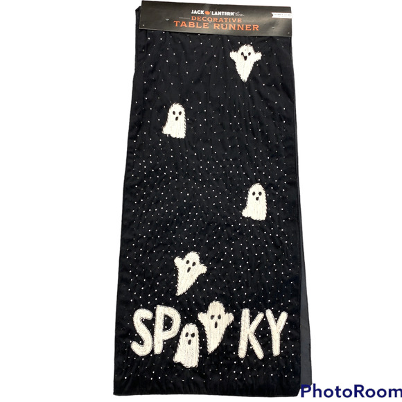 Halloween Spooky Ghost Beaded Black White Jack O Lantern Table Runner 16" x 72" - Picture 1 of 10
